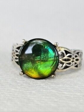 Rare Natural Ammolite Ring Sterling Silver & Platinum Finish. Size 8